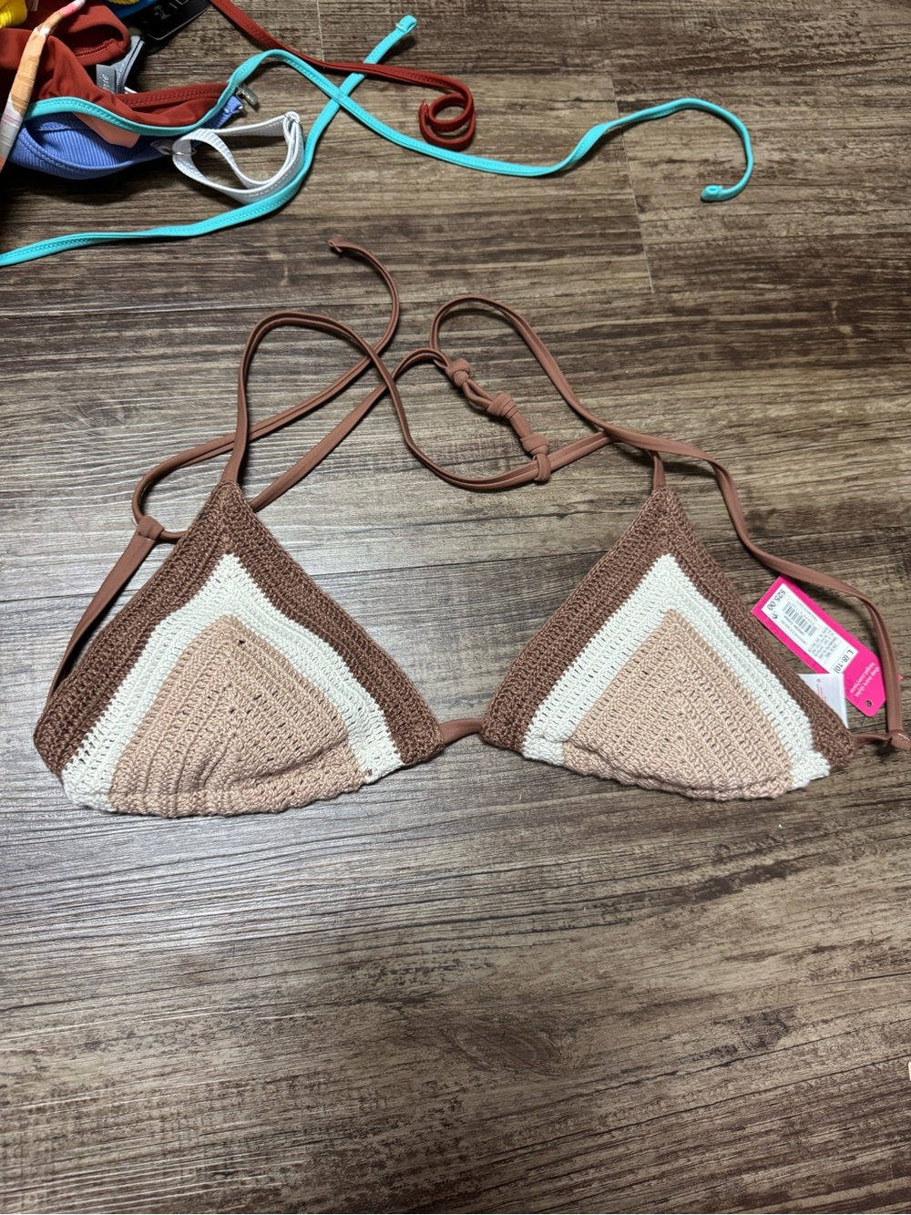 Shade & Shore Crochet Triangle Bikini Top - Brown & Cream